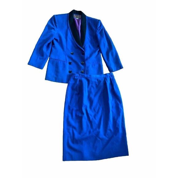 Vintage Saville Suit Womens Skirt Set Blue Wool Blend 12 Double Breasted - Picture 1 of 10